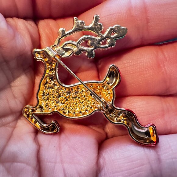 Vintage Rhinestone Reindeer Brooch Gold Tone Holiday Pin - Picture 2 of 3